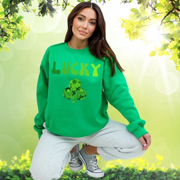 Shamrock Lucky Saint Patric's Day College Sweatshirt Green Sweater Clover - Picture 8 of 11